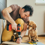 przystojny mężczyzna robiący remont z psem